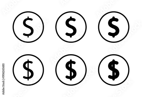 Us dollar currency icon set in light to bold design. Usd money symbol in circular outline. American financial sign