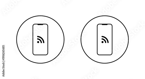 RSS feed on smartphone icon in circular outline. Internet syndication symbol in mobile phone screen