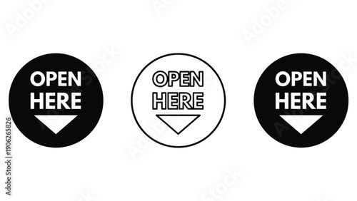Simple circular icons with "Open Here" text and down arrow symbol