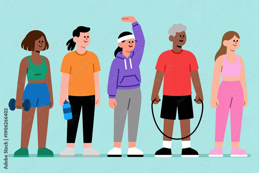 Fototapeta premium Five individuals in workout attire engage in various fitness activities together, depicted in a cartoon style against a simple, solid-colored background.