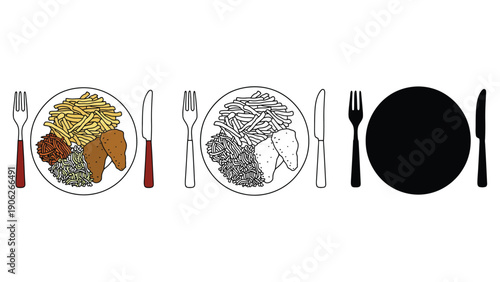 Three plates of food with cutlery, one blacked out plate