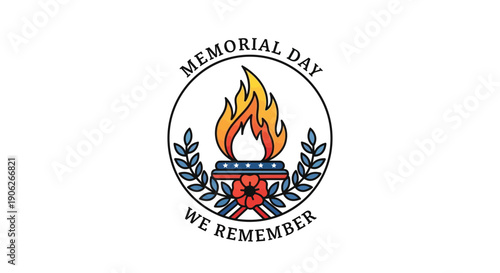 Memorial Day remembrance emblem with patriotic torch and laurel wreath design