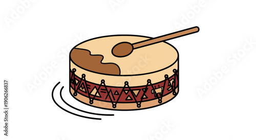 Simple cartoon illustration of a traditional drum being played with a stick generating musical