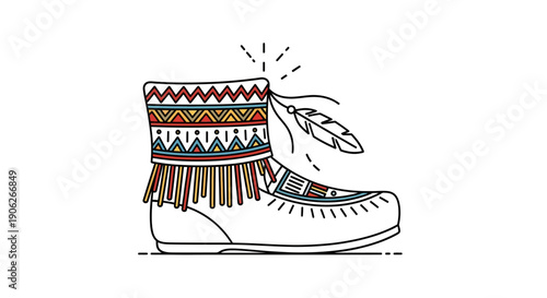 Stylized traditional indigenous moccasin boot with colorful patterns and feather detail icon