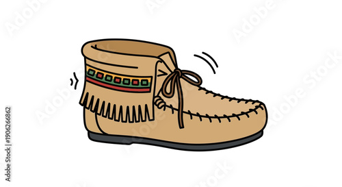 Hand-drawn cartoon illustration of a traditional tan moccasin boot with fringe and laces on white
