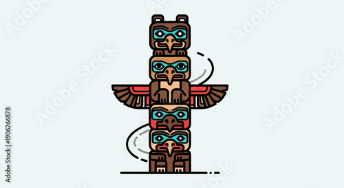 Stylized cartoon totem pole artwork showcasing traditional indigenous animal symbolism