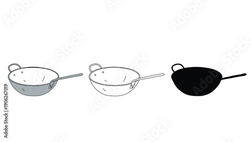 Wok vector illustration set including gray, line, and black silhouettes
