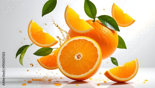 Freshly sliced orange with splashes of juice and vibrant green leaves on a smooth surface