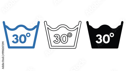 Washing machine icons with 30 degree temperature in different colors and styles