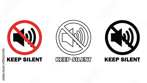 Three variations of a "keep silent" symbol with a speaker icon crossed out.