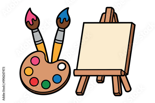 A cartoon illustration of a painter's palette with brushes and an easel with a blank canvas, ready for artistic creation.