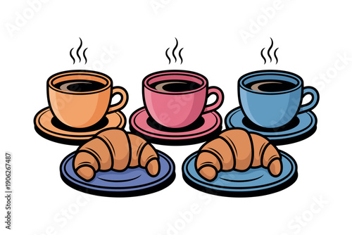 A colorful illustration of three steaming cups of coffee with saucers and two plates of croissants on a white background