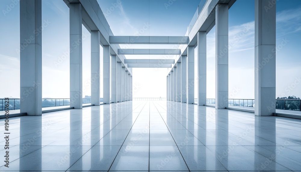 Obraz premium A sleek, modern architectural space featuring a symmetrical walkway with columns and reflections