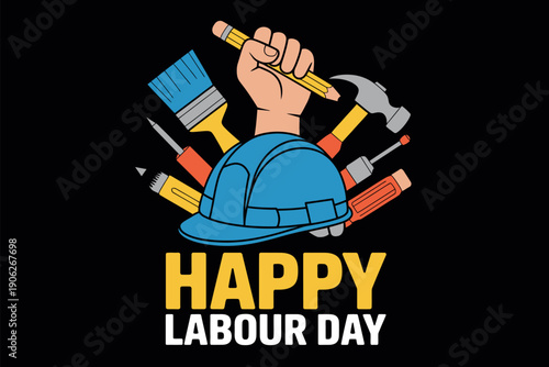 A graphic illustration celebrating Labour Day with a hand holding a pencil and wearing a hard hat surrounded by various tools.