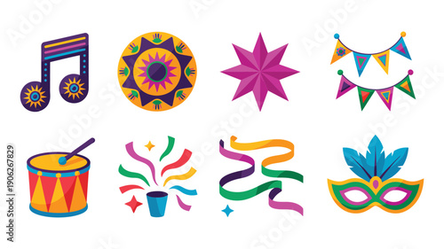 Festival party icons vector set with drum, ribbon confetti, bunting flags, star rosette, music note, carnival mask, bright decorations