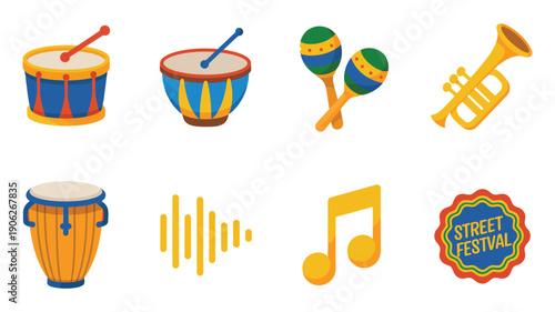 Street parade instrument icons vector set with snare drum, bongo, maracas, trumpet, music note, sound wave, festival badge emblem