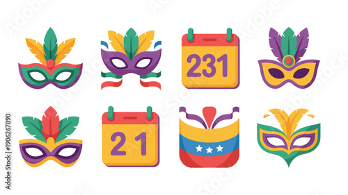 Carnival mask vector icons with feathered masks, calendar date badges, confetti, crown, party banner, parade celebration, masquerade festival design