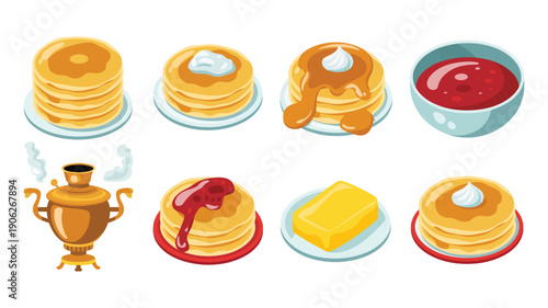 Maslenitsa tea and pancakes vector set with samovar, honey, jam, butter, crepe stack, festive breakfast, traditional spring holiday graphics