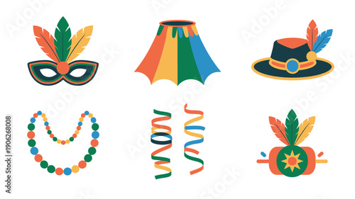 Carnival costume accessories icons, masquerade masks, festive cape and hat, bead necklace, streamers, parade decor, party celebration vector set