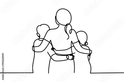 A minimalist line drawing of a mother with her two children embracing her from behind in a heartwarming family scene.