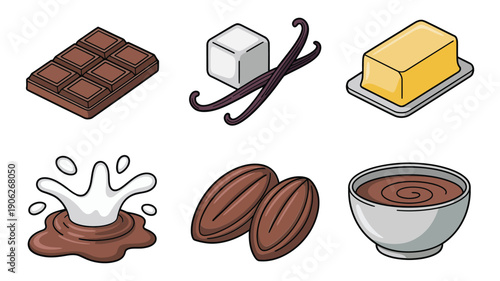 Chocolate dessert ingredients icons, cocoa beans, vanilla pods, butter block, splash sauce, hot cocoa bowl, bakery festival vector set