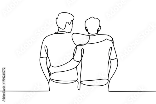 Two men sitting together with one arm around the other in a simple line drawing