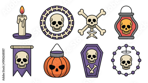 Halloween candy and decor, skull emblem, coffin box, pumpkin head, candle, spooky badge set, trick or treat party icons vector