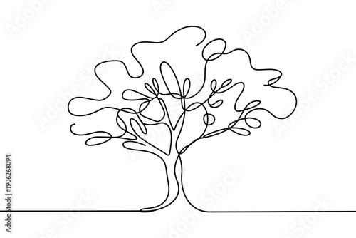 A minimalist line drawing of a tree with a unique, flowing branch design on a white background