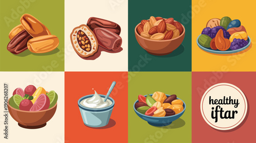 Healthy iftar menu icons, bowls of dates, yogurt cup, fruit salad, colorful squares, fasting meal, Ramadan event, vector illustration