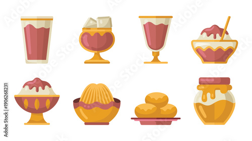 Ramadan iftar dessert icons, sharbat glasses, sweet bowls, halwa, laddu, festive Eid food set, celebration banquet vector illustration collection