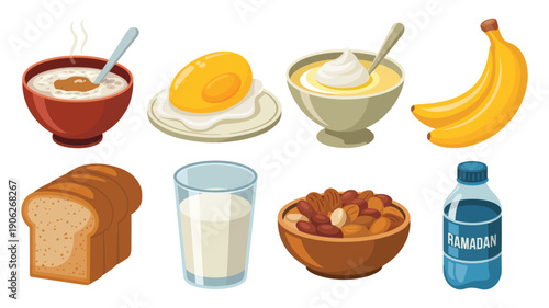 Suhoor nutrition icons, hot tea, boiled egg, yogurt bowl, banana, bread slice, milk glass, bottled water, healthy set vector