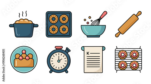 Baking day kitchen icon set with boiling pot, donut tray, mixing bowl, rolling pin, timer, recipe sheet, cooling rack