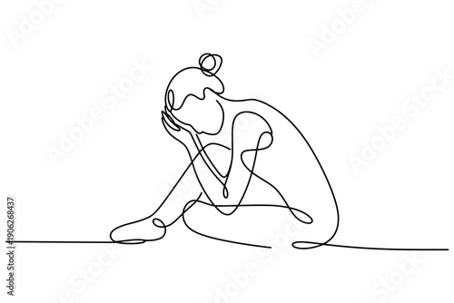 A minimalist line drawing of a woman sitting in a contemplative pose with her head in her hands.
