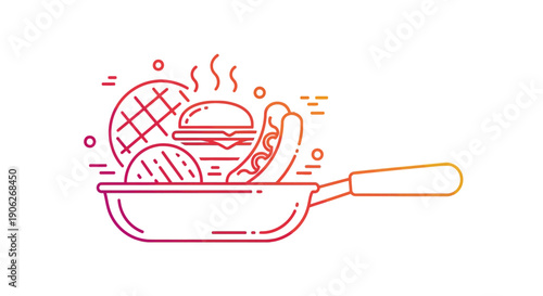 Modern gradient line art vector illustration showcasing delicious grilled fast food cooking in a