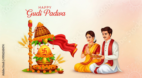 Festive Gudi Padwa Hindu New Year ritual illustration with traditional gudi kalash mango leaves diya and praying Indian couple on soft cultural background