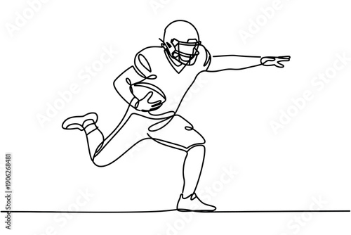 A football player in motion, running with the ball on a field