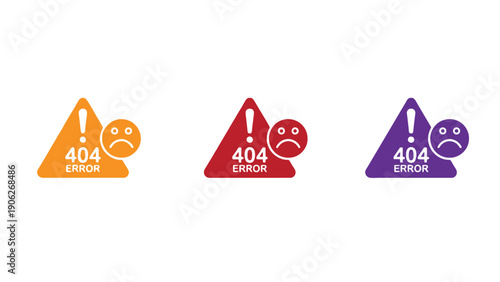 Error 404 icons in orange, red, and purple with sad faces