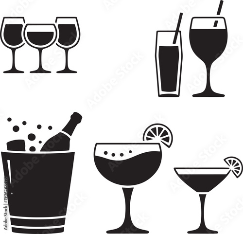 Cocktail drinks and wine glasses icons with champagne bucket and lime garnish silhouette vector