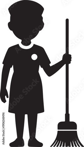Cleaning lady or housekeeper silhouette holding a broom ready to sweep floor and tidy room