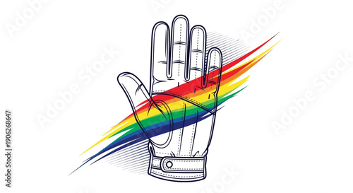 Vibrant abstract illustration of a hand in a glove crossed by a colorful rainbow artistic stroke