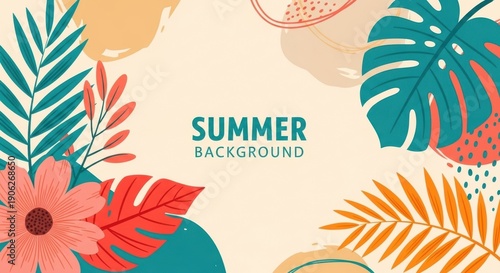 Summer background with tropical leaves and flowers