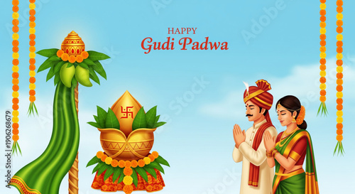 Traditional Gudi Padwa Hindu New Year celebration with ritual gudi kalash mango leaves and praying Indian couple festive cultural spring morning background