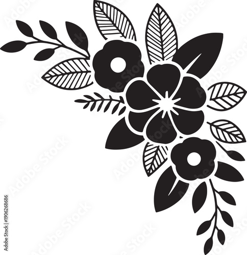 Floral corner decorative element, black silhouette on transparent background, graphic design, romantic, vintage
