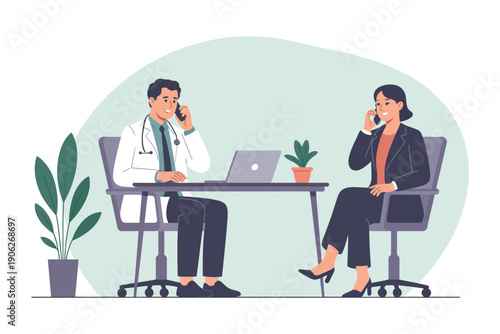 A doctor and businesswoman engaged in a conversation while sitting at a desk with a laptop and plants