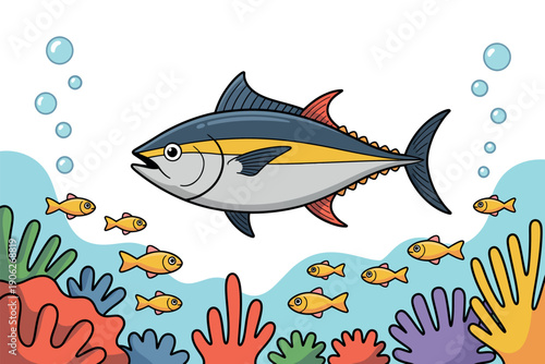 A cartoon tuna fish swimming in the ocean with colorful coral and small fish