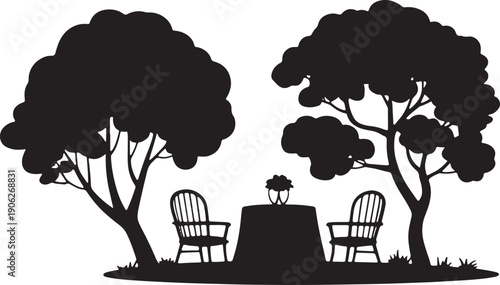 Romantic outdoor setting silhouette with two trees table and chairs on a transparent background vector