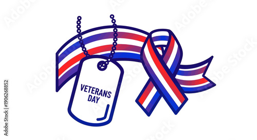 Veterans Day patriotic ribbon and dog tag illustration honoring service members