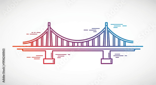 Abstract gradient colored suspension bridge line drawing illustration representing connectivity