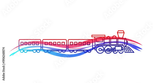Stylized vintage train illustration with a vibrant red and blue gradient outline and dynamic wavy