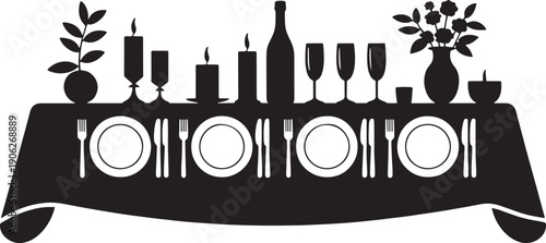 Silhouette of a formally set dinner table for a celebration vector isolated on a transparent background